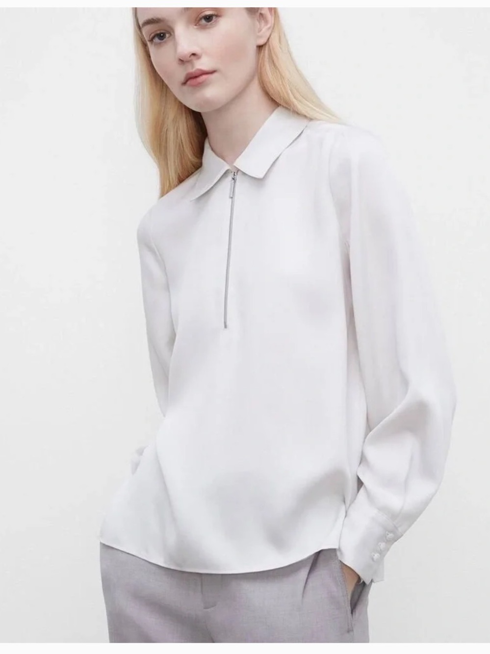 Club Monaco Women's Zipper Front Collared Lyocell Long Sleeve Blouse